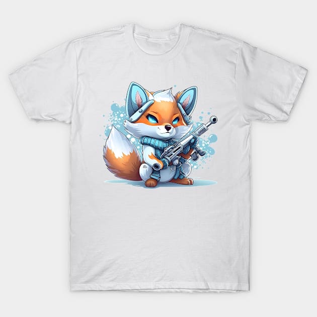 Armored Funny Snow Fox Holding a Riffle T-Shirt by WalldeMar